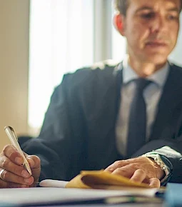 Mann in Anwaltsrobe, der mit einem Stift auf einem Notizblock schreibt.