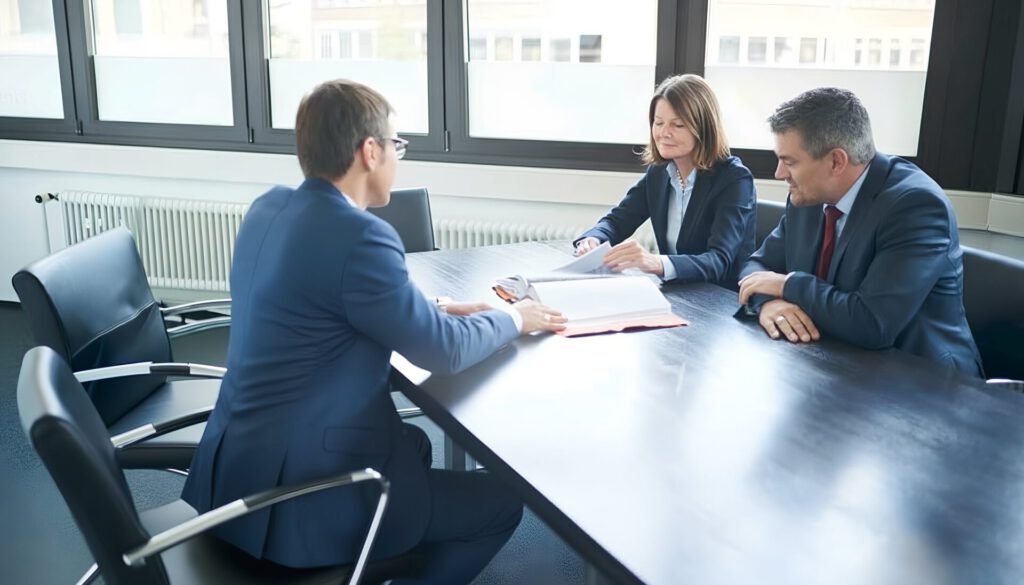 Drei Personen in einem Besprechungsraum, die Dokumente am Tisch durchsehen und diskutieren.