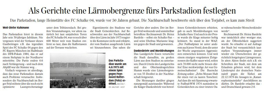 Zeitungsartikel, der eine Lärmschutzgrenze für das Parkstadion behandelt.